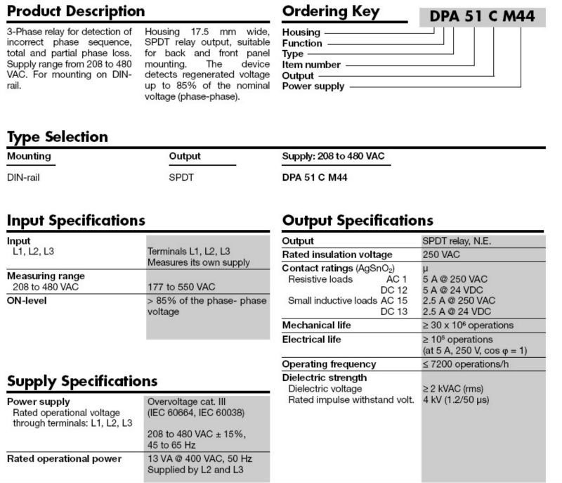 DPA51CM44 3P Phase Failure Relay Solid Phase Sequence Monitoring Relay