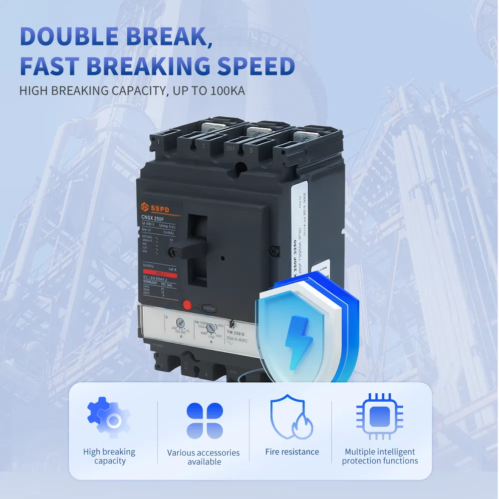 Compact 4 Pole MCCB Nsx250n 250A Molded Case Circuit Breaker with Trip Coil Adjustable Protection