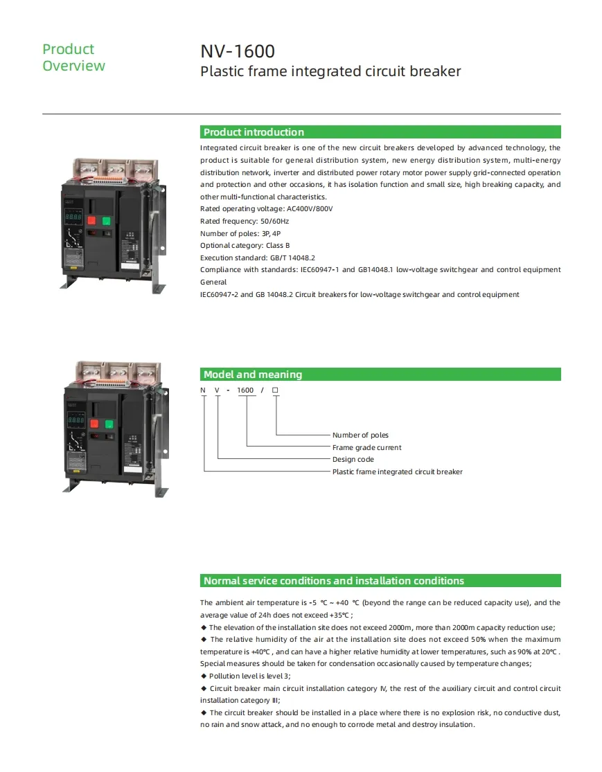 Frame-Mounted Molded Case Integrated Circuit Breaker Electric M-Type Controller 4p 1600A Replaces Molded Case Circuit Breaker Ns800