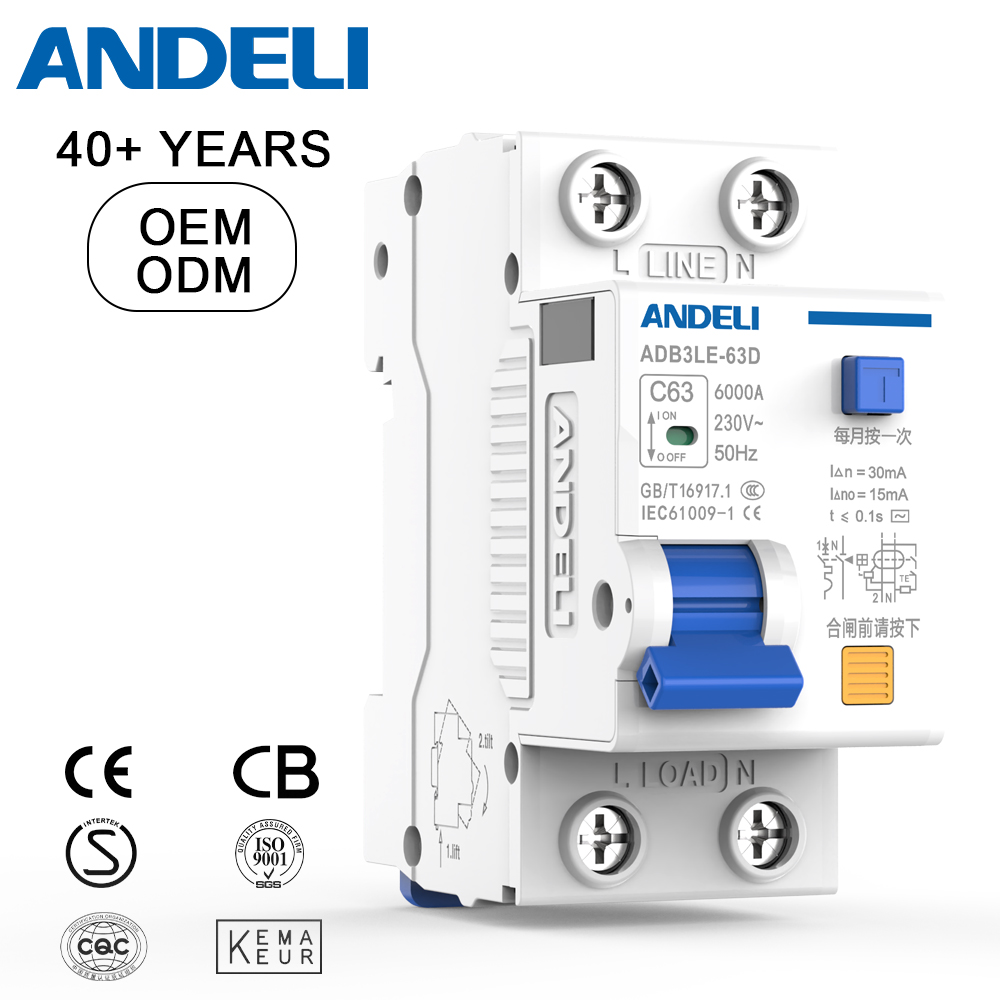 ANDELI ADB3LE-63D 1P 25A 63A Breaking Capacity Copper Material Miniature Circuit Breaker (MCB) Rail Mounting Leakage Protection