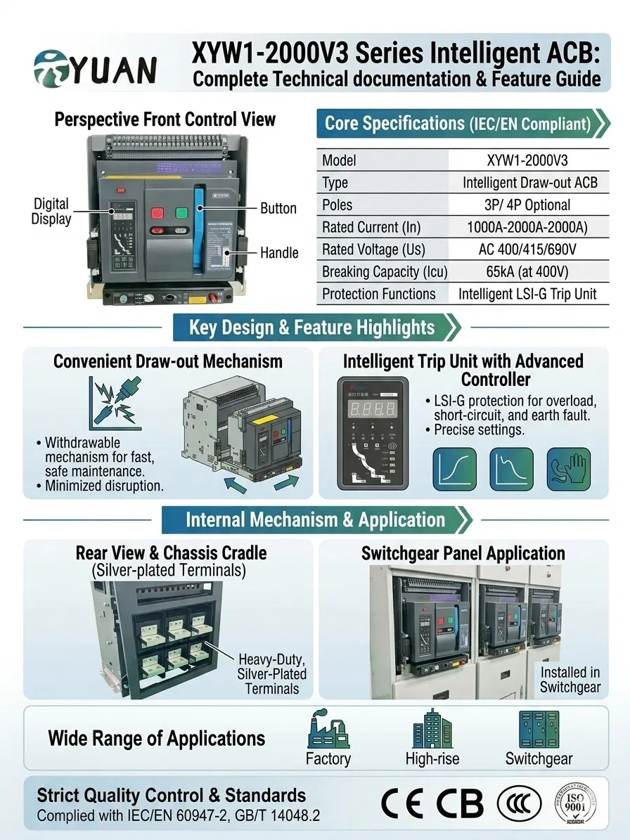 Intelligent 3 Pole 2000A Draw-out Type Air Circuit Breaker (ACB) for Power Distribution