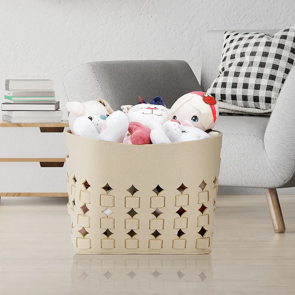 Custom Beige Color Fashion Laser Hollow Toys Storage Basket Felt Material for Living Room Felt Basket Quotes, Products