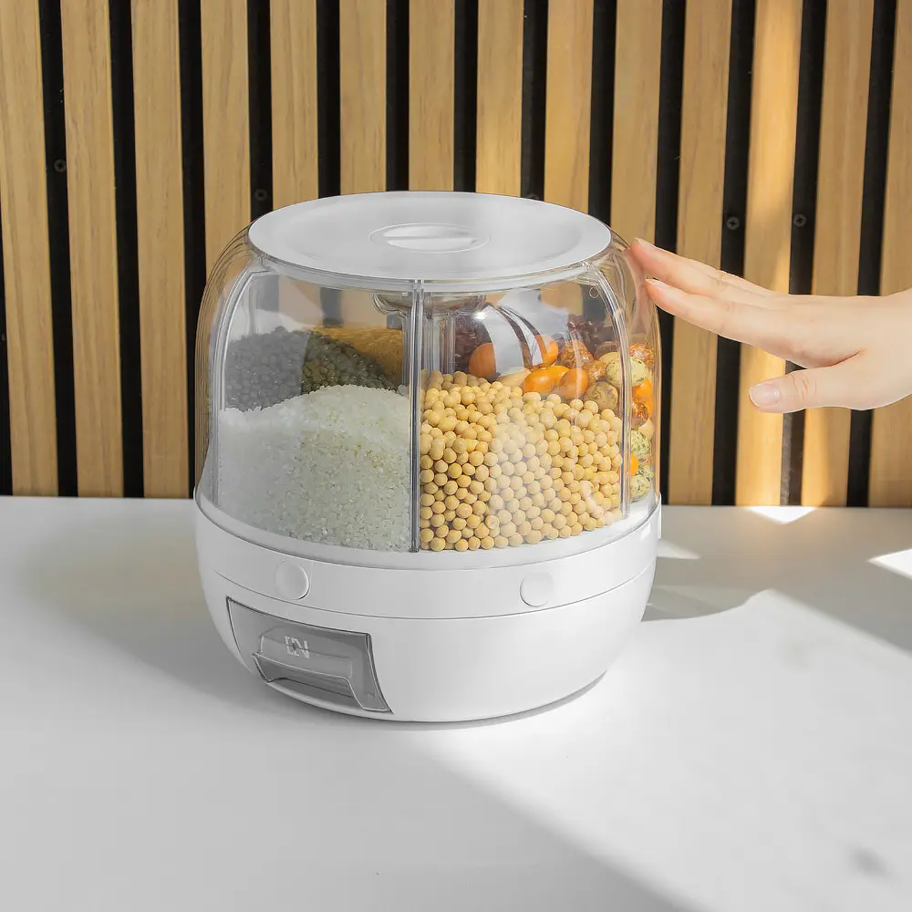 Custom Hot Sale Rice Dispenser Kitchen Moisture-Proof 6-Grid Rotating Food Grain Dispenser Cereal Storage Box Rice Container Dispenser Supplier, Pricelist
