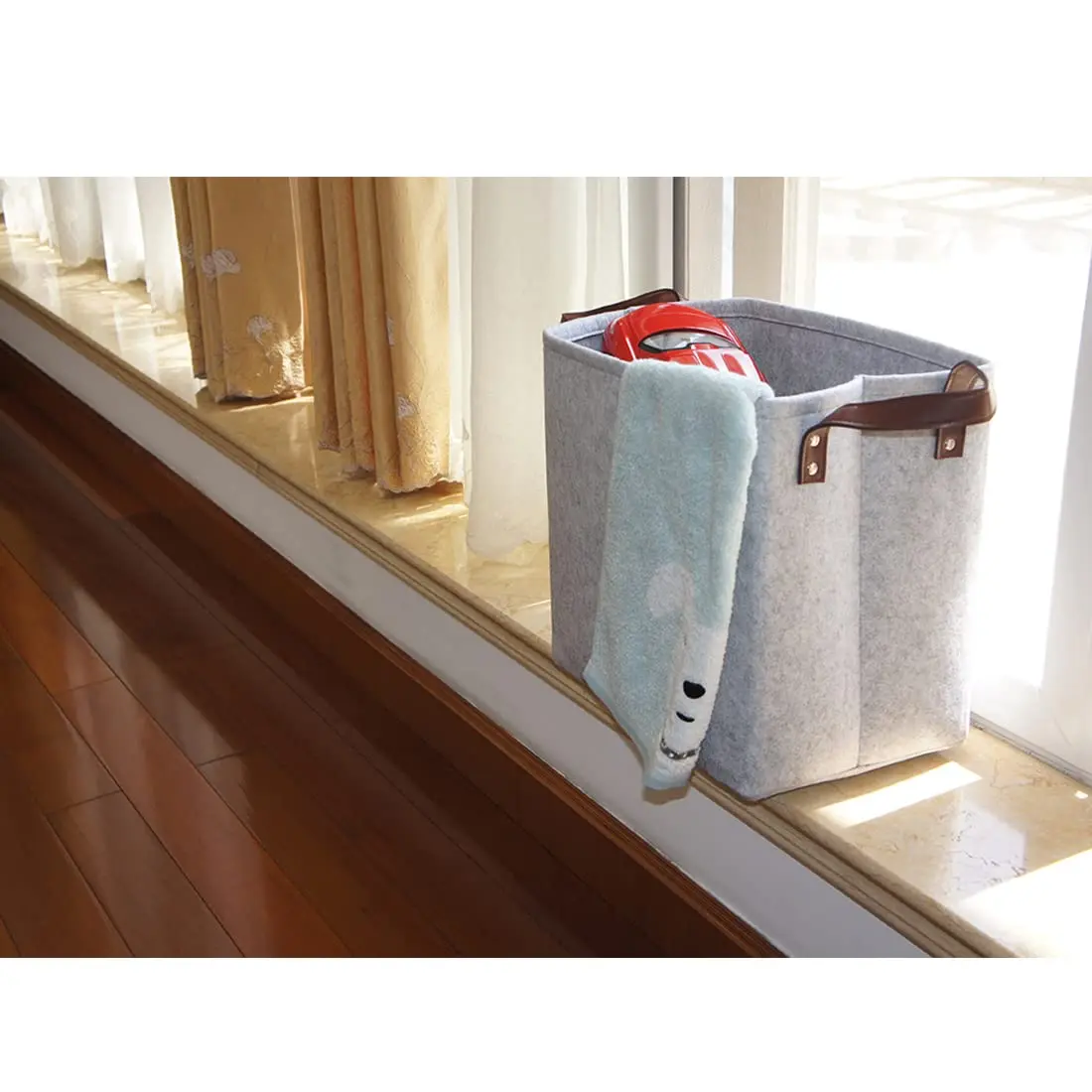 Wholesale New Design Handmade Felt Fabric Storage Basket Foldable Felt Storage Organizers Collapsible Bin with Leather Handles Supplier, Service