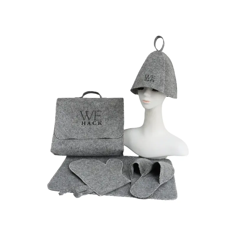 Custom LOGO Gray Color Sauna Set Polyester Felt Gloves Sauna slippers Sauna Hat