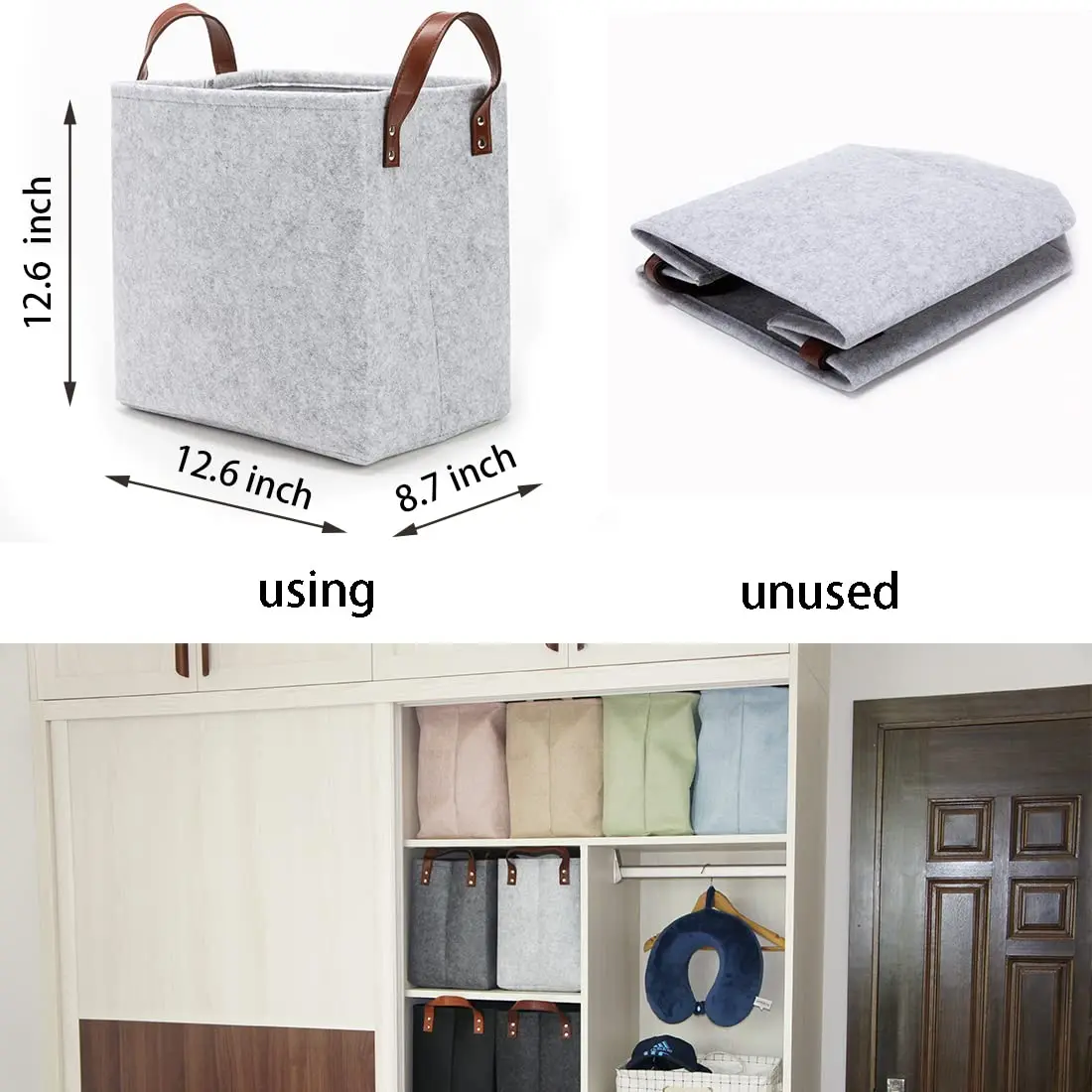 Wholesale New Design Handmade Felt Fabric Storage Basket Foldable Felt Storage Organizers Collapsible Bin with Leather Handles Supplier, Service