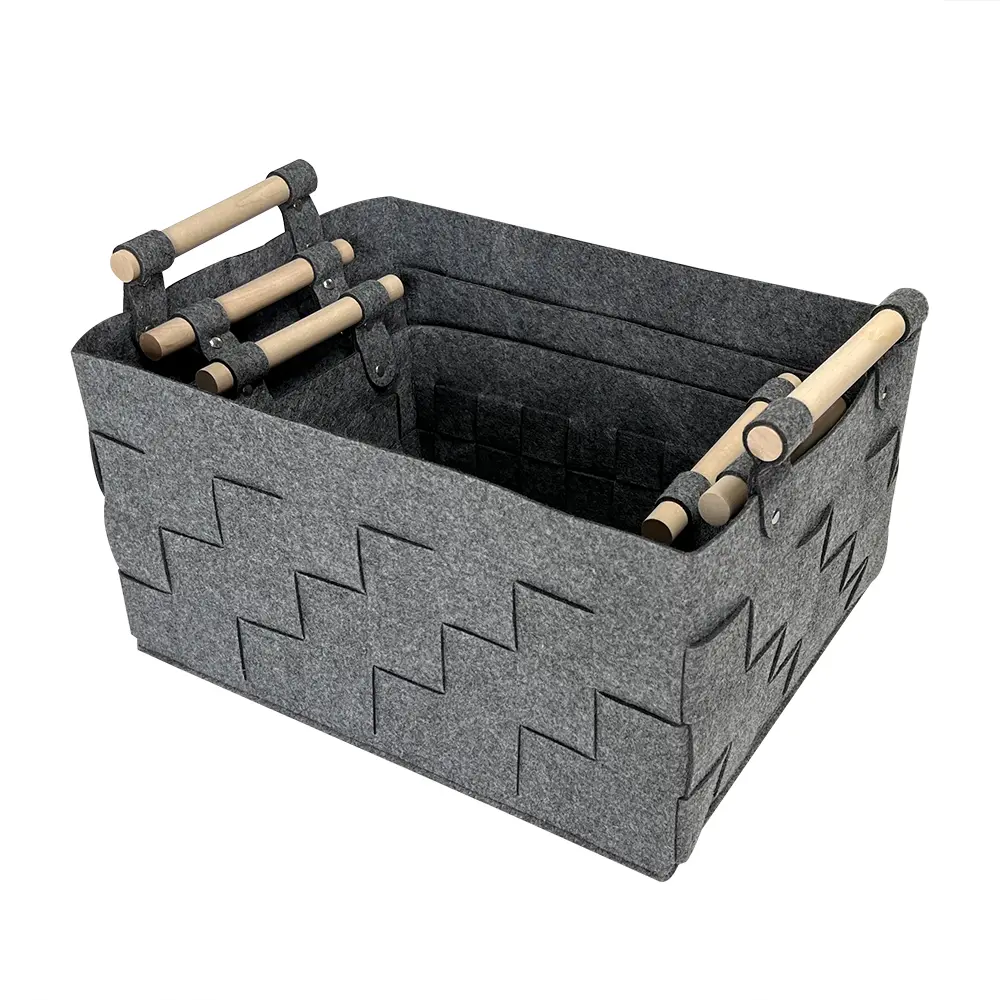 ODM BSCI Collapsible Gray handmade woven Weaving Toys cloth felt Storage Basket Bin with Wood Handle Manufacturer, Quotes