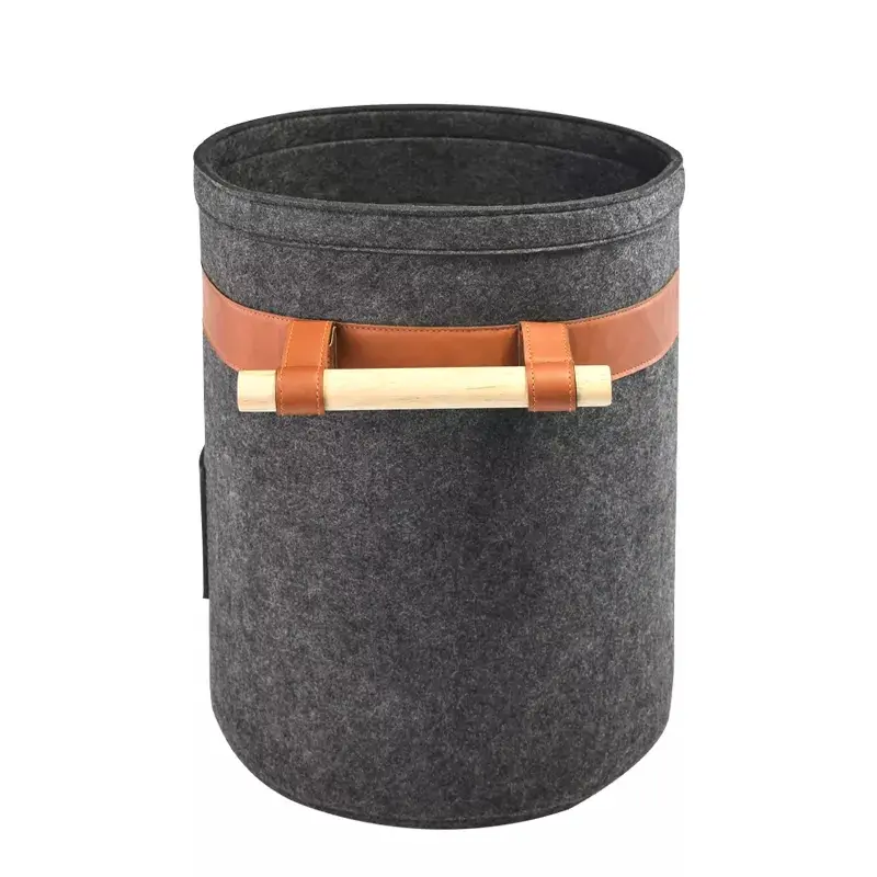 ODM firewood Portable Large Felt Storage Laundry Basket with Wooden Handle Product, Service