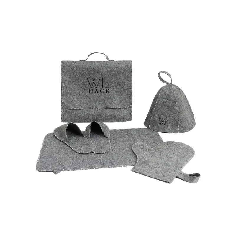 Custom LOGO Gray Color Sauna Set Polyester Felt Gloves Sauna slippers Sauna Hat