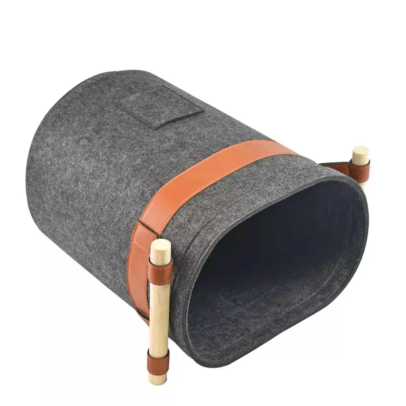 ODM firewood Portable Large Felt Storage Laundry Basket with Wooden Handle Product, Service