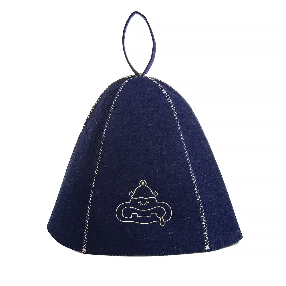CE Certification Navy Blue Wool Felt Sauna Hat with Cute Cartoon Embroidery & Hanging Loop | Heatproof Spa Cap for Sauna Room Manufacturers, Suppliers