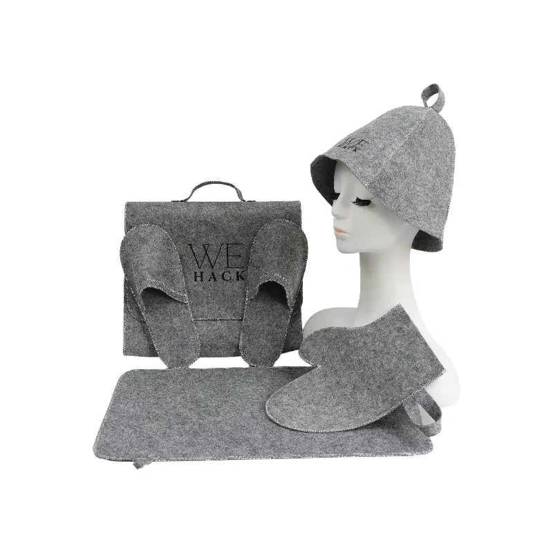 Custom LOGO Gray Color Sauna Set Polyester Felt Gloves Sauna slippers Sauna Hat