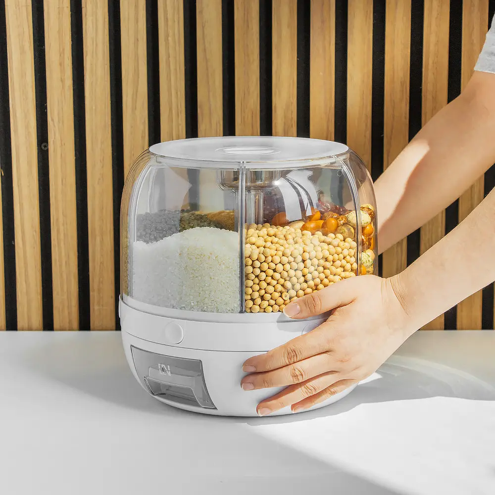 Custom Hot Sale Rice Dispenser Kitchen Moisture-Proof 6-Grid Rotating Food Grain Dispenser Cereal Storage Box Rice Container Dispenser Supplier, Pricelist
