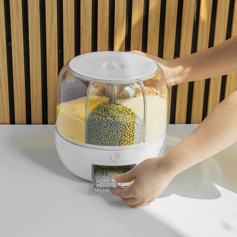 Custom Hot Sale Rice Dispenser Kitchen Moisture-Proof 6-Grid Rotating Food Grain Dispenser Cereal Storage Box Rice Container Dispenser Supplier, Pricelist