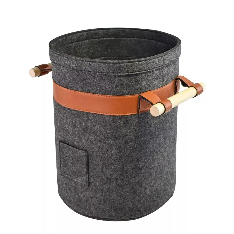 ODM firewood Portable Large Felt Storage Laundry Basket with Wooden Handle Product, Service