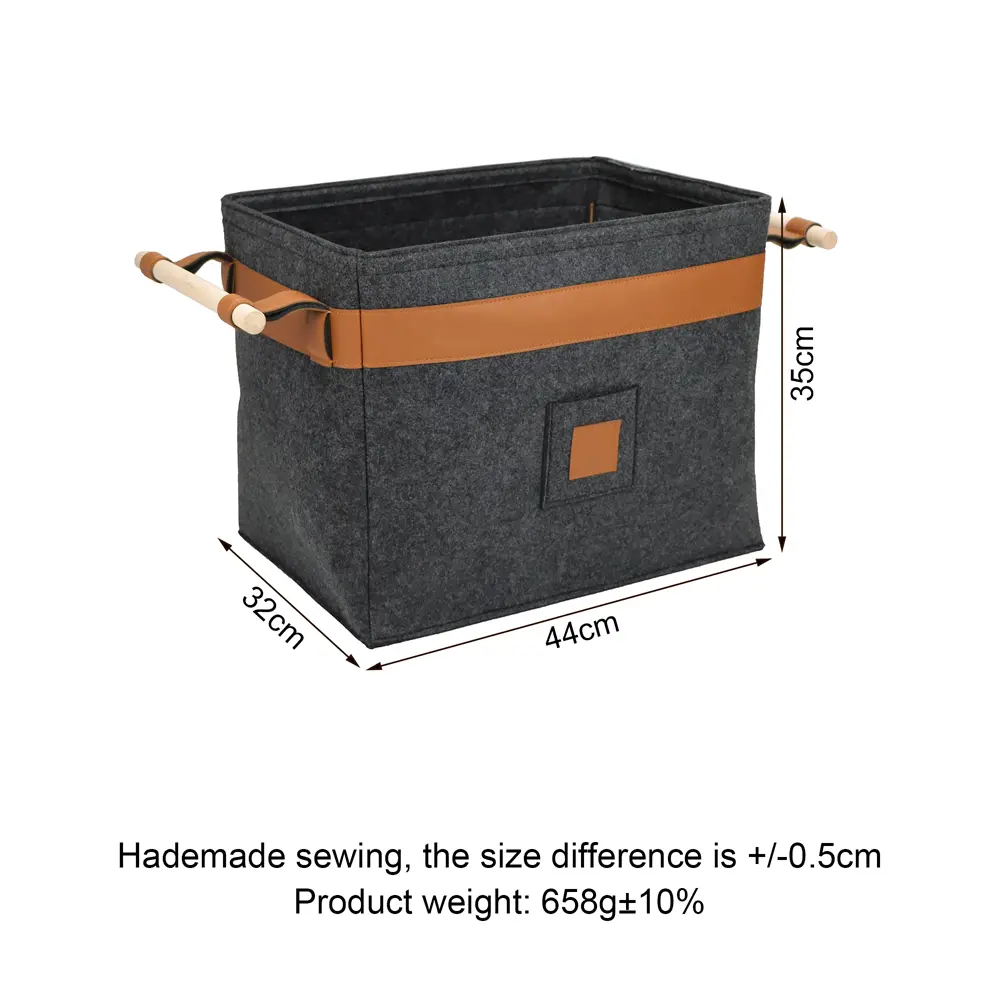 OEM 100% Polyester Felt Large Storage Organizer Custom Collapsible Laundry Baskets Wooden Handle for Home Wardrobe Clothing Storage Products, Product