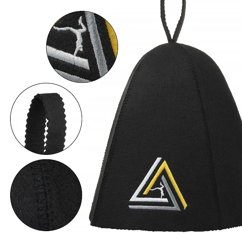 Custom Black Wool Felt Sauna Hat with Tri-Color Embroidered Logo & Hanging Loop | Heatproof Spa Cap for Sauna Room Manufacturer, Suppliers