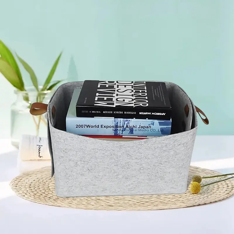 ODM Grey Color Felt Storage Basket with PU Handle Modern Style Basket Felt Supplier, Pricelist