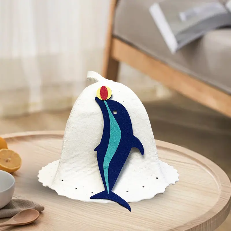 Wool sauna hat with dolphin balancing ball design