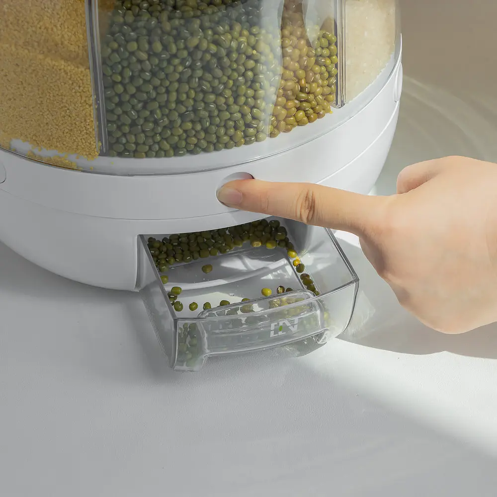 Custom Hot Sale Rice Dispenser Kitchen Moisture-Proof 6-Grid Rotating Food Grain Dispenser Cereal Storage Box Rice Container Dispenser Supplier, Pricelist