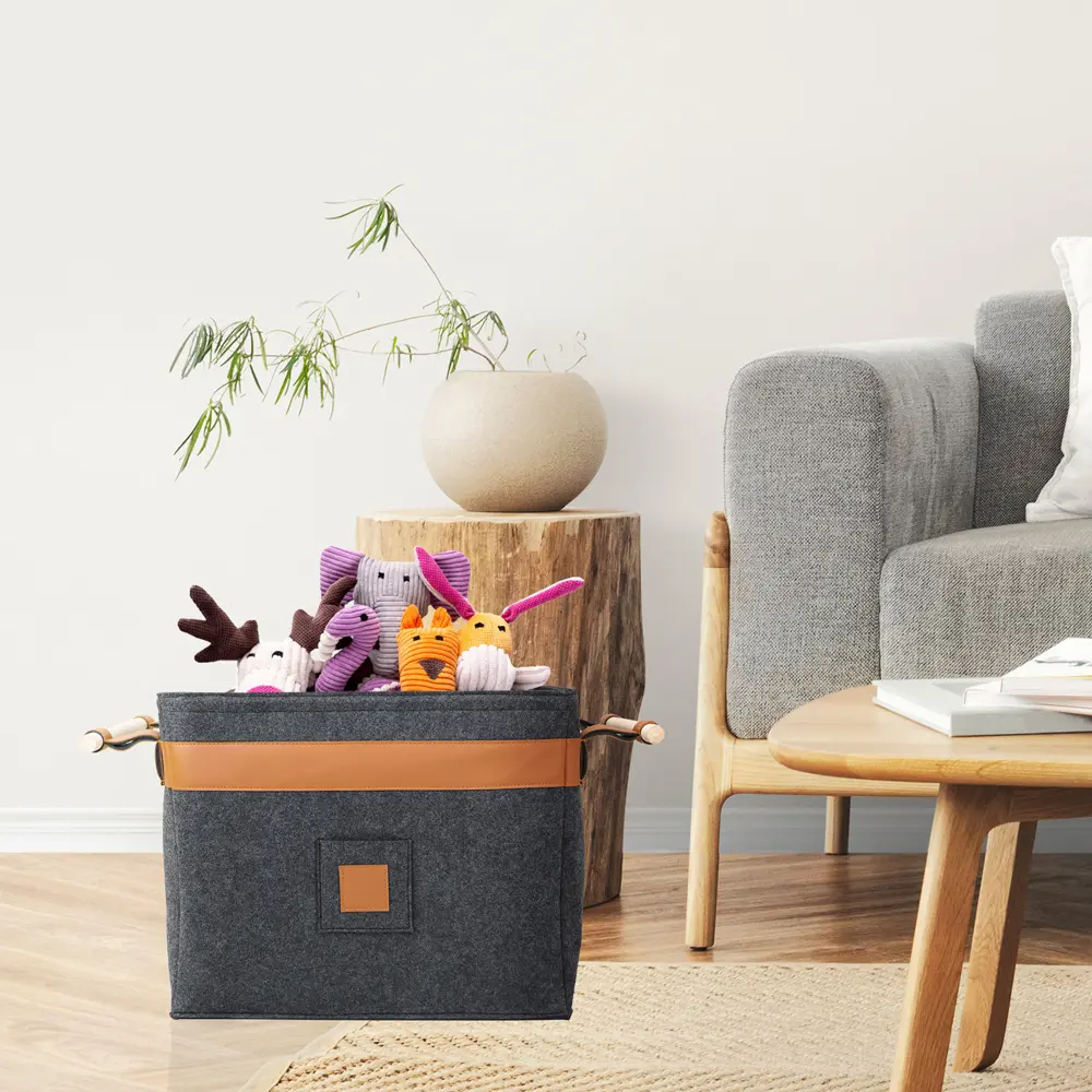 OEM 100% Polyester Felt Large Storage Organizer Custom Collapsible Laundry Baskets Wooden Handle for Home Wardrobe Clothing Storage Products, Product