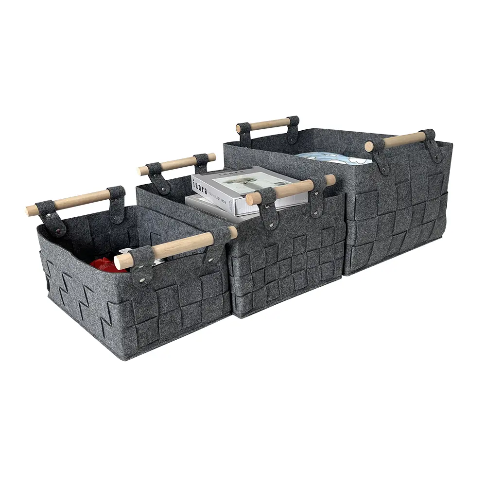 ODM BSCI Collapsible Gray handmade woven Weaving Toys cloth felt Storage Basket Bin with Wood Handle Manufacturer, Quotes