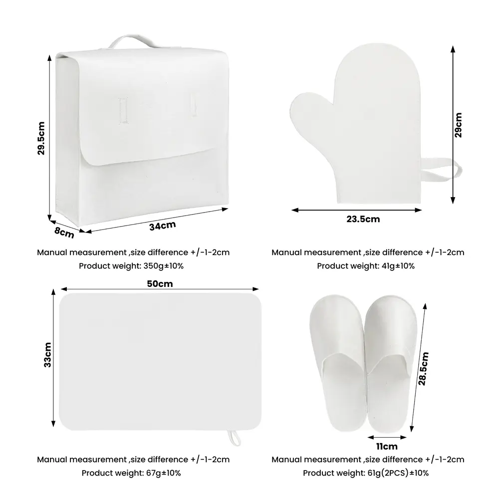 OEM White Color Sauna Hat Polyester Felt Gloves Sauna slippers Cushion Sauna Set Companies, Product