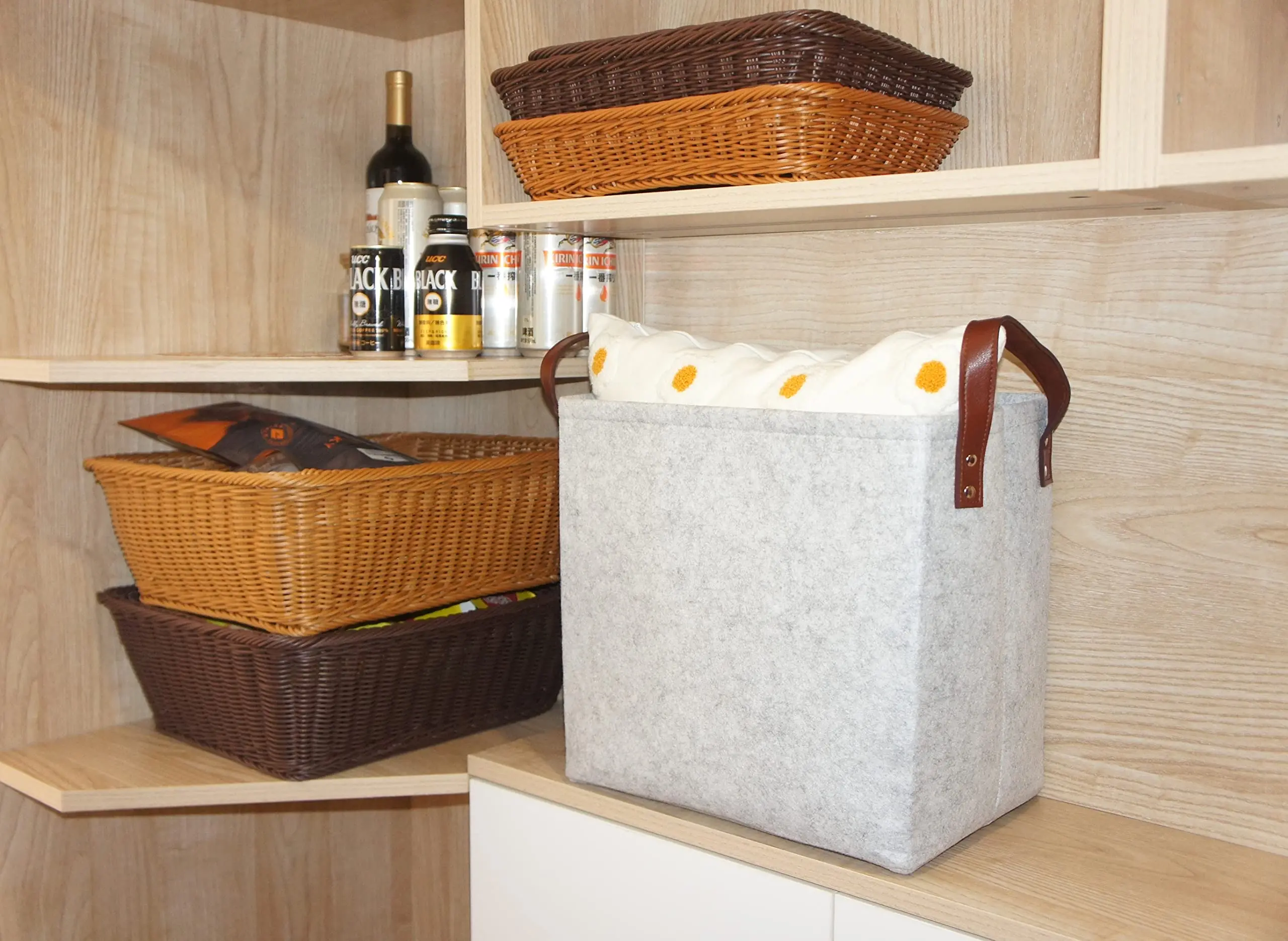 Wholesale New Design Handmade Felt Fabric Storage Basket Foldable Felt Storage Organizers Collapsible Bin with Leather Handles Supplier, Service