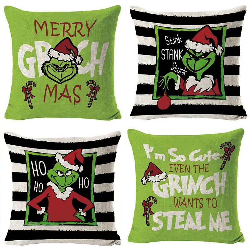 4 PCS Merry Grinch Pillows Decor Farmhouse Christmas Throw Pillow Covers