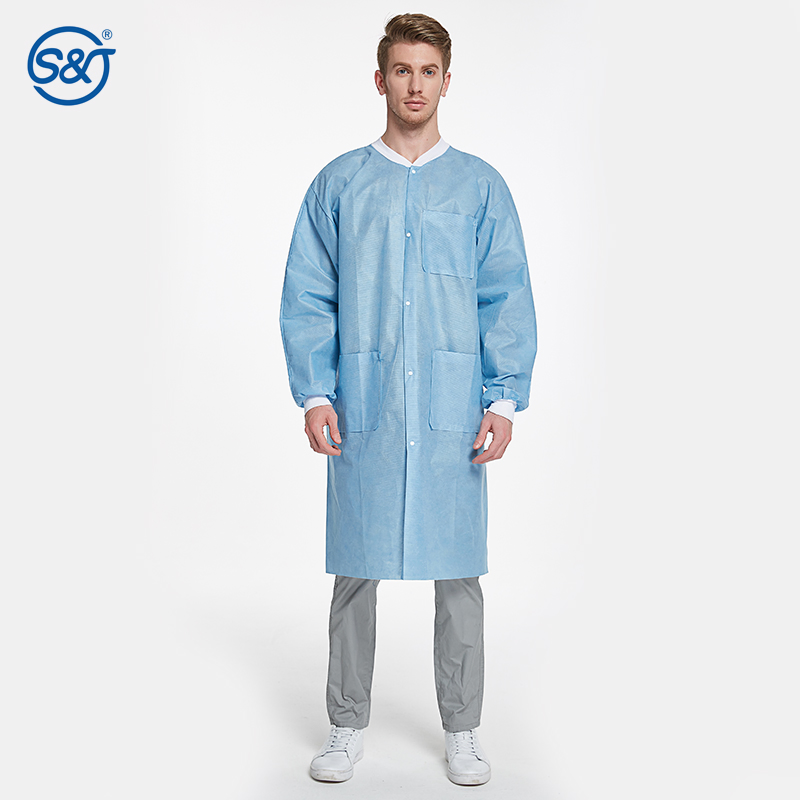 SJ Adult Nonwoven SMS Knee Length Lab Uniform CE High Quality Workwear Suit Unisex Comfortable Latex Free Disposable Lab Coat
