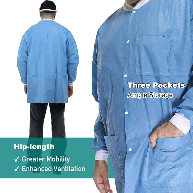 Factory Protective Anti-Static White Blue Pink Purple Polypropylene Micro-Porous Non-Woven PP SMS Medical Dental Disposable Lab Jacket Coat