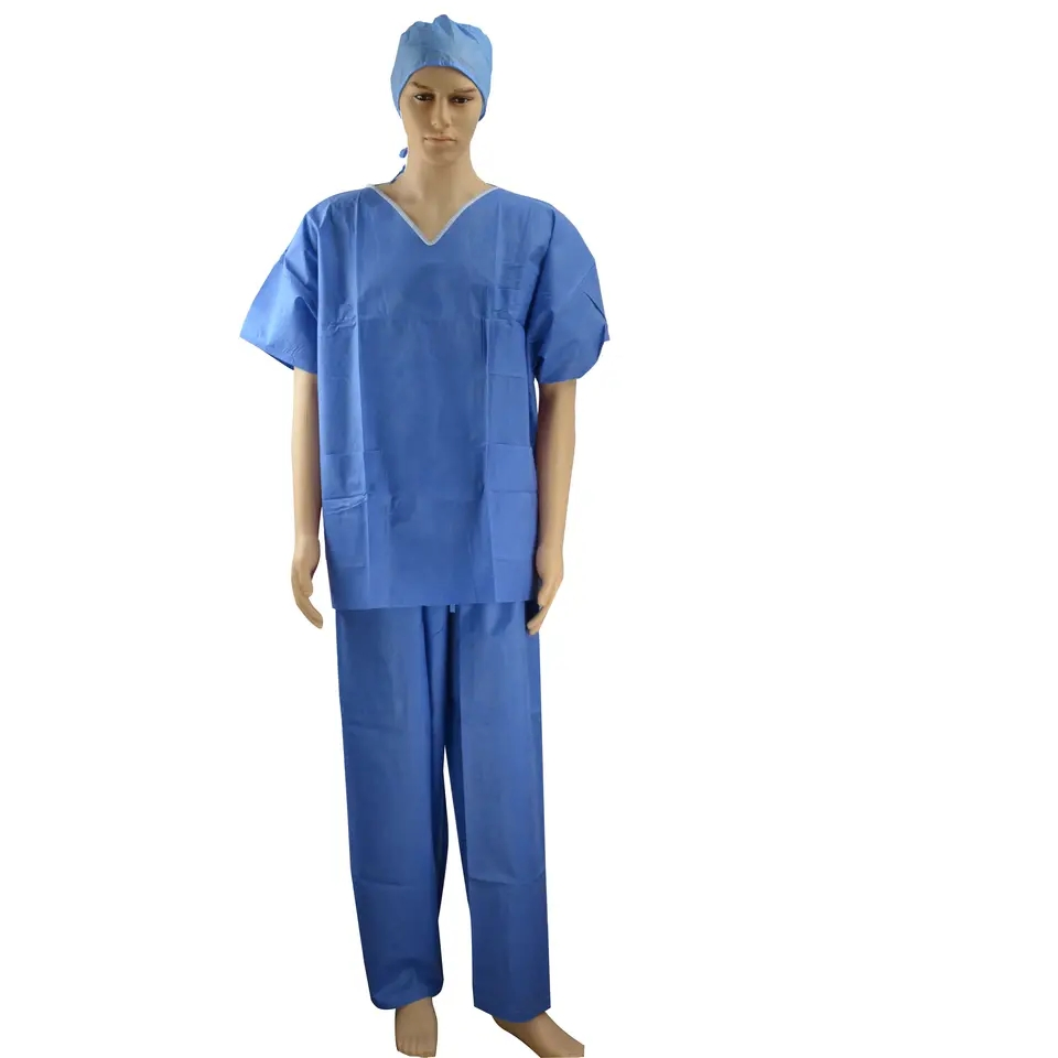 Short Sleeve Disposable PP/SMS Non-Woven Medical Scrub Suit with Pocket