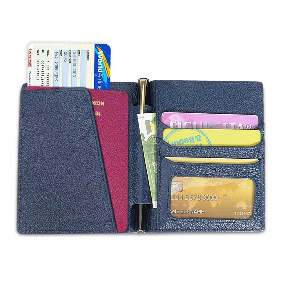 Custom RFID Wallet Holder Leather Sleeve Blue Passport Protector Cover