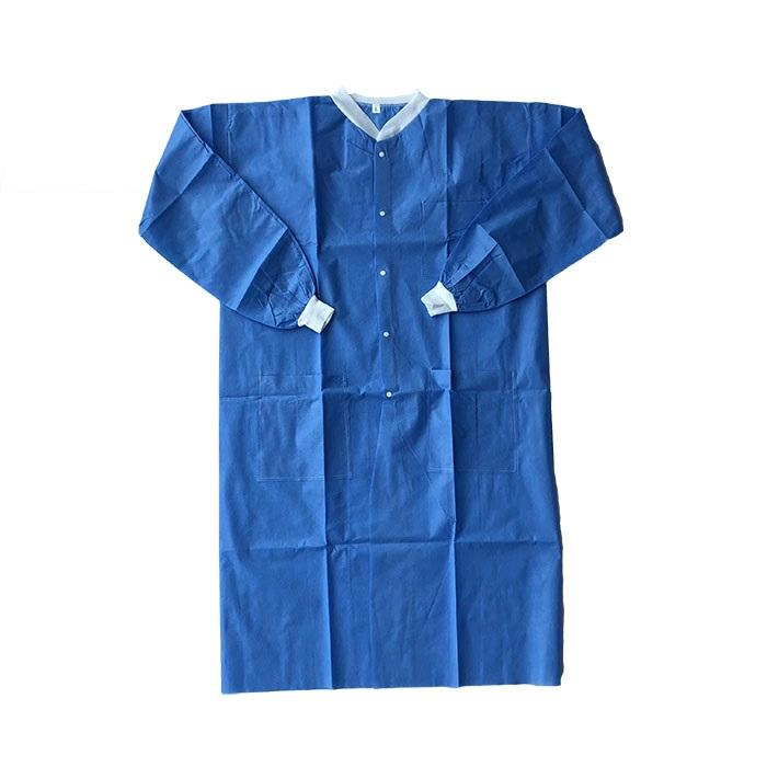 Medical Supply Non-Sterile Disposable Non-Woven Blue Disposable Gowns X-Large 40 GSM SMS Lab Coat with Knit Wrists Knit Collar 3 Pockets