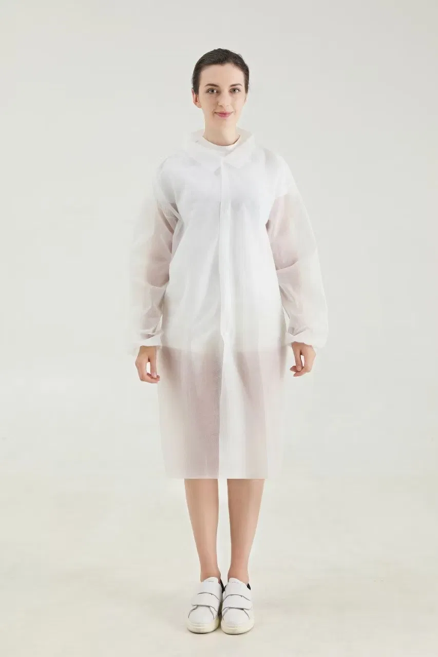 White Disposable Non-Woven with Elastic Cuffs Front Pocket and Secure Snap Closures Lab Coat