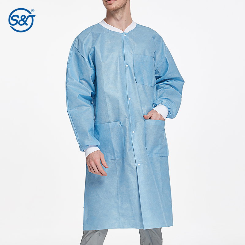 SJ Adult Nonwoven SMS Knee Length Lab Uniform CE High Quality Workwear Suit Unisex Comfortable Latex Free Disposable Lab Coat