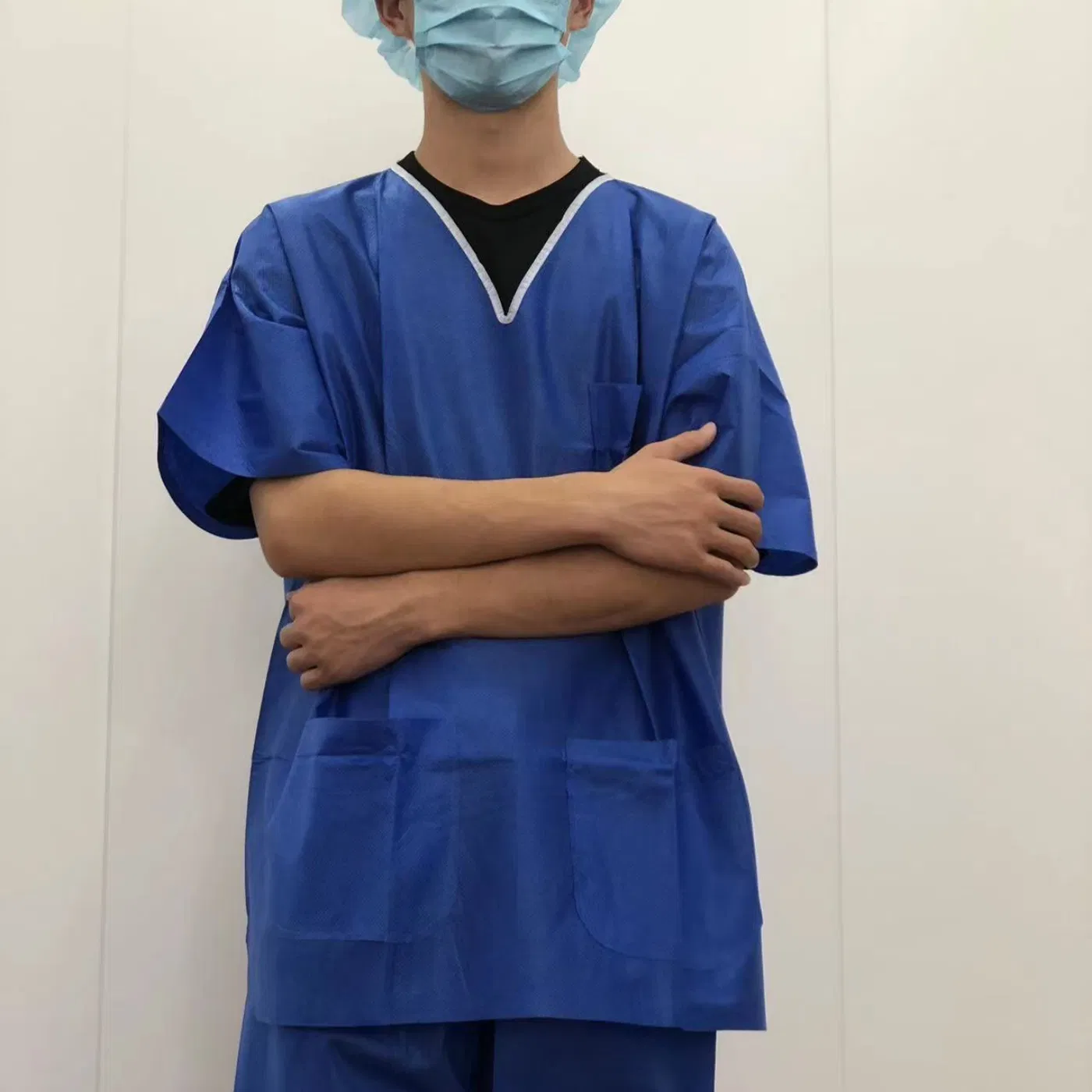 Disposable Nonwoven Fabric V-Neck Blue Scrub Suit Medical Supply Waterproof Scrub Suit Protective Clothes for Hospital Use