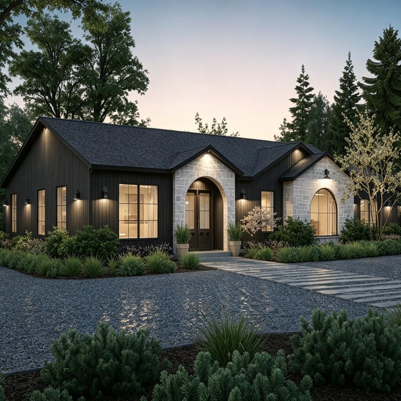 Light Steel Single Story Modern Farmhouse Villa Black Wood Siding Stone Arch 3 Bed Custom Barndominium Prefab Family House Home
