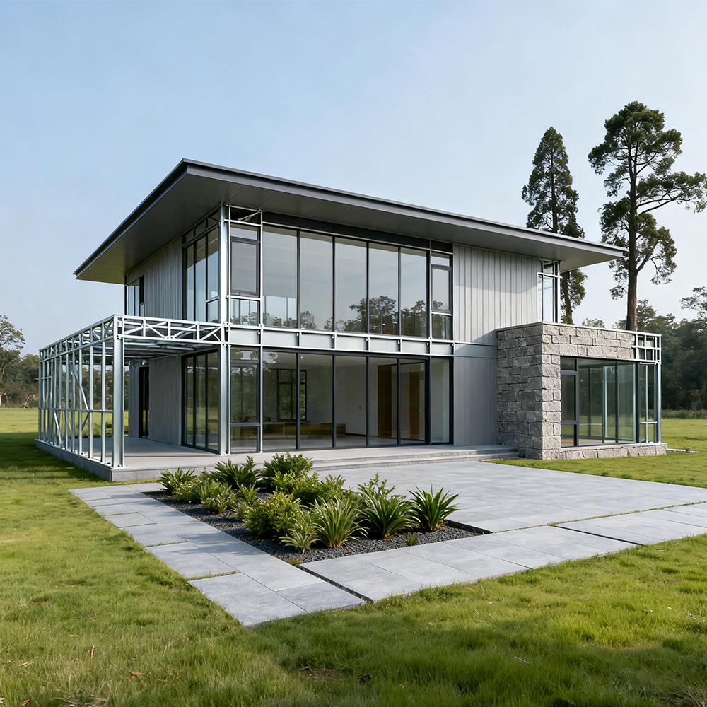 Customizable Galvanized Steel Structure Prefab Villa 1 Year Warranty Onsite Installation Online Support Modern Design 3D Model