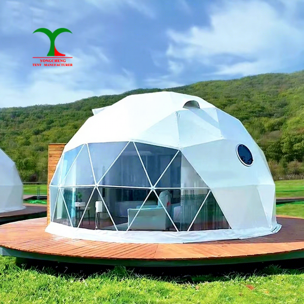 Luxury Outdoor Rain Cover Glamping Tent Resort Hotel 6m 7m 8m Geodesic Dome Tent House With Bathroom