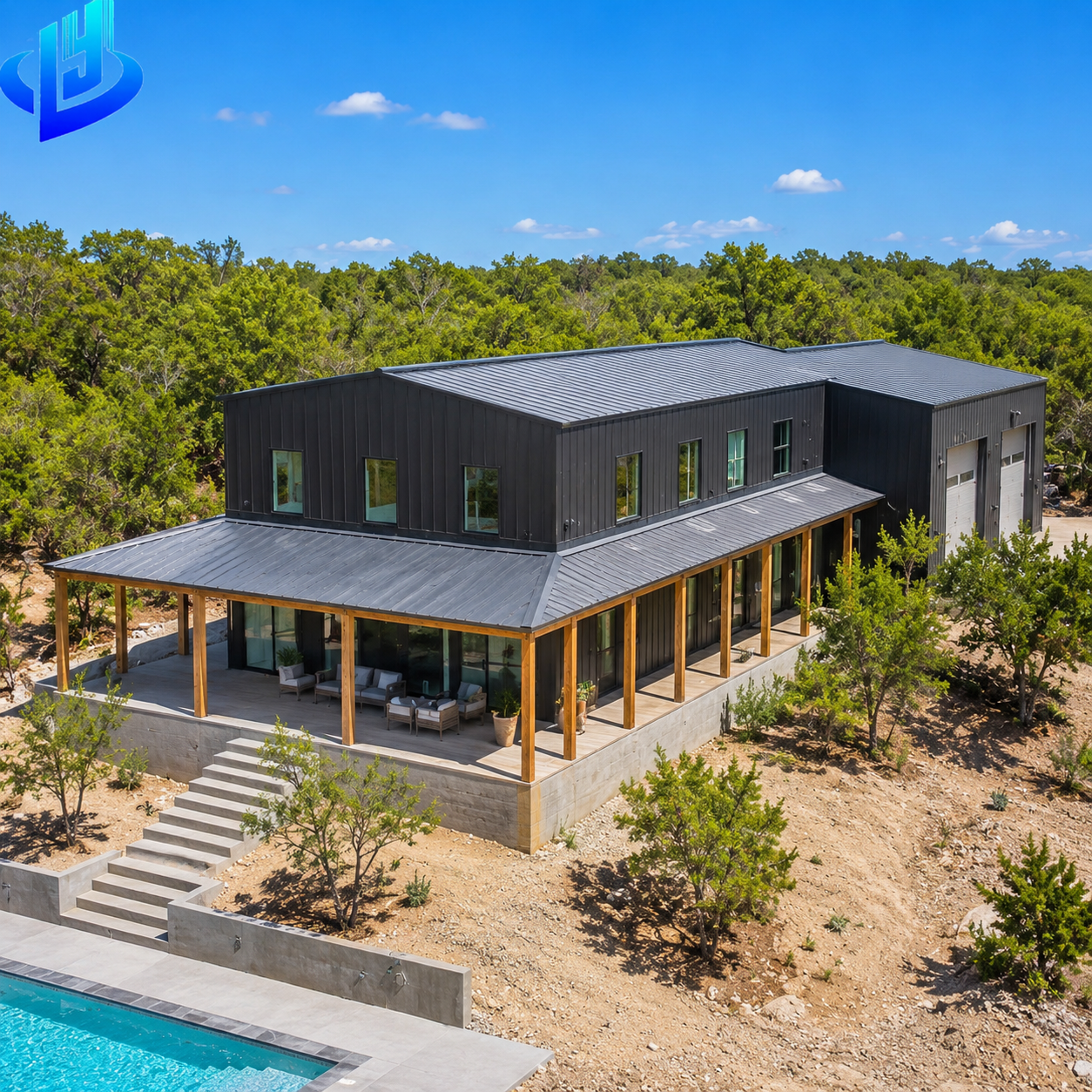 Modern Steel Frame House Single/Two-Story Porch Farmhouse Style Residential Building Kit Customization Size 121+mph Wind