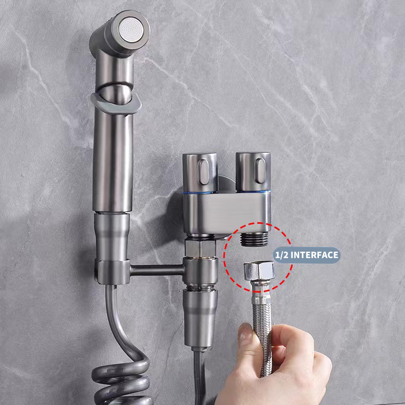 Cheap Brass angle valve stainless steel spray gun set bathroom double water outlet double switch Factories, Products