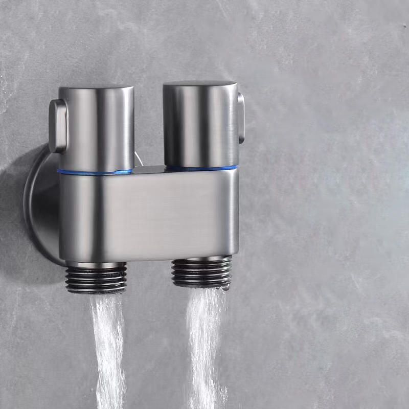 Cheap Brass angle valve stainless steel spray gun set bathroom double water outlet double switch Factories, Products