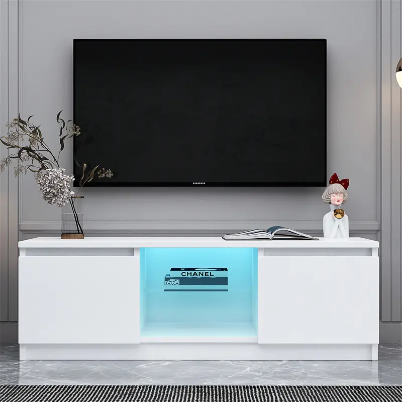 ODM TV Cabinet Wholesale, White TV Stand with Lights, Modern LED TV Cabinet with Storage Drawers, Living Room Entertainment Center Media Console Table Supplier, Factories