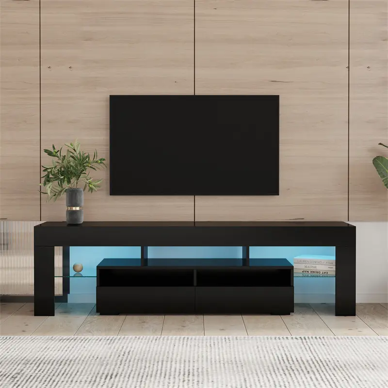 Wholesale Living Room Furniture TV Stand Cabinet with 2 Drawers & 2 open shelves,20-color RGB LED lights with remote, Black color Companies, Exporters
