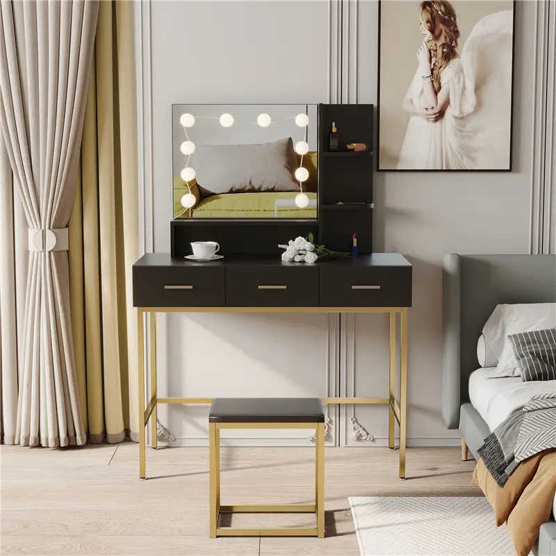 Famous Black modern minimalist vanity, solid metal frame construction, large storage space, 10 LED lights illuminate makeup mirror, adjustable brightness Manufacturer, Exporter