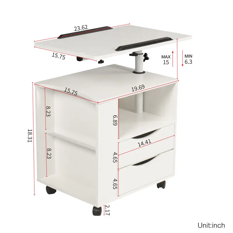 OEM Height Adjustable side Table Wooden with Swivel Top, Storage Drawers, Wheels and Open Shelf, (White) Product, Company