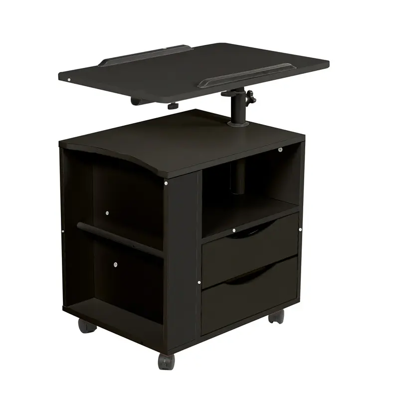 Wholesale Height Adjustable Overbed End Table Wooden Nightstand with Swivel Top, Drawers, Wheels and Open Shelf, Black color Product, Factories