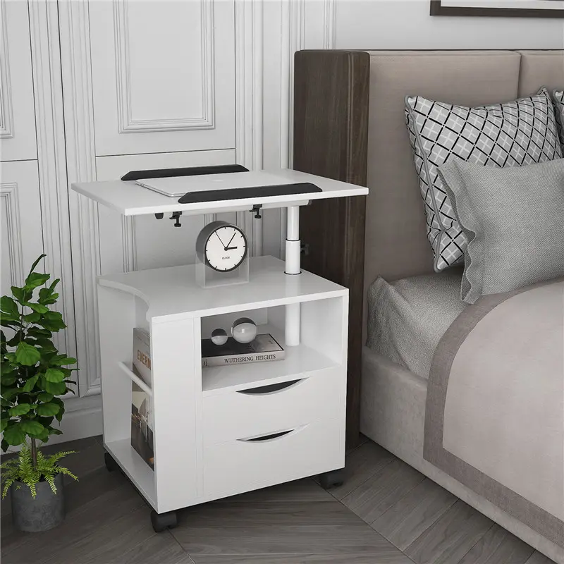 OEM Height Adjustable side Table Wooden with Swivel Top, Storage Drawers, Wheels and Open Shelf, (White) Product, Company