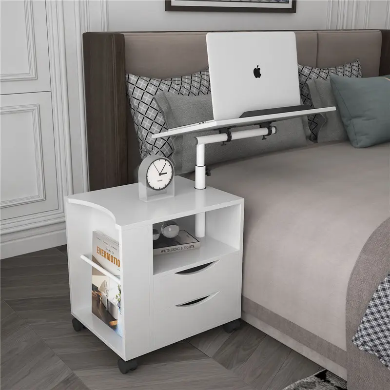 OEM Height Adjustable side Table Wooden with Swivel Top, Storage Drawers, Wheels and Open Shelf, (White) Product, Company